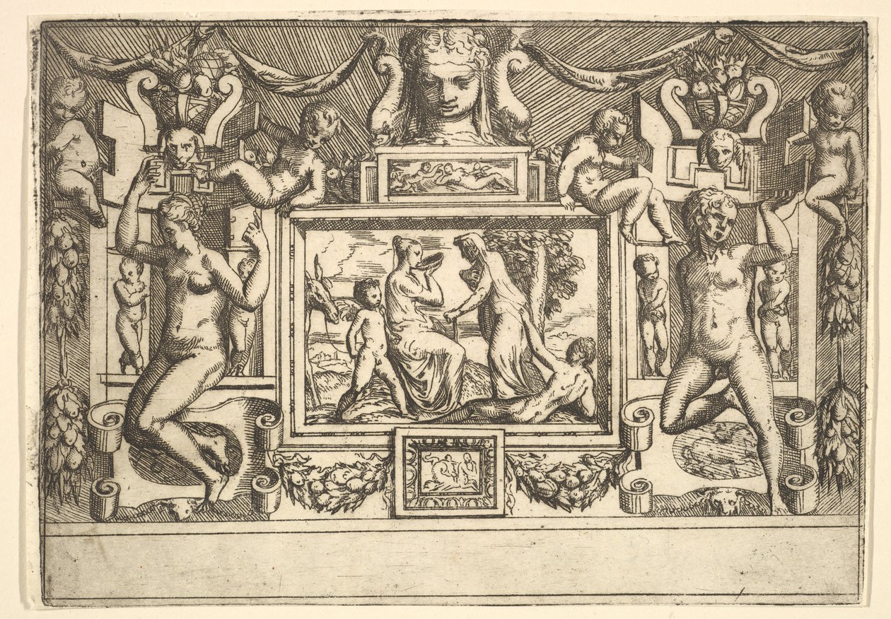 Ung kvinne som drikker fra en bolle, en gammel kvinne står foran henne, satt i..., ca. 1540-80. av Battista del Moro