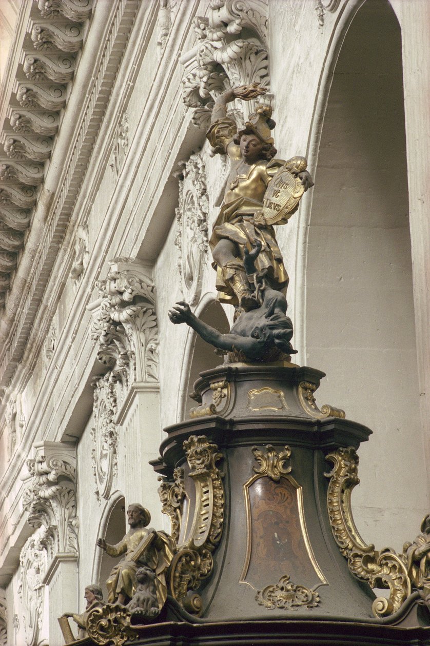 Prekestol, også kalt Sannhetens Preikestol, detalj: St. Michael and the Dragon, 1749 (forgylt, tre og intarsia) (se også 252679 og 252681) av Bavarian school