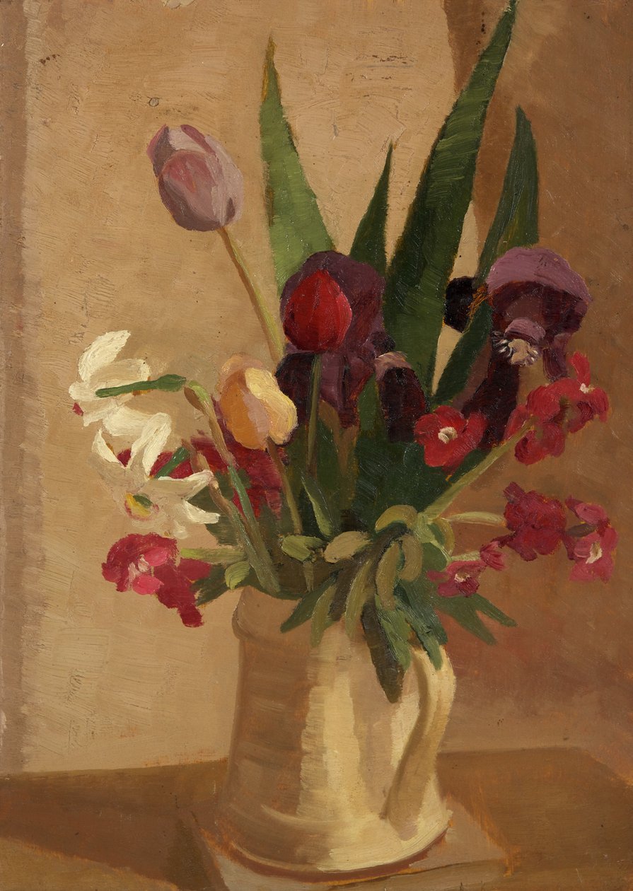 Tulipaner, veggblomster og narcissus (olje om bord) av Beatrice H. Budgett