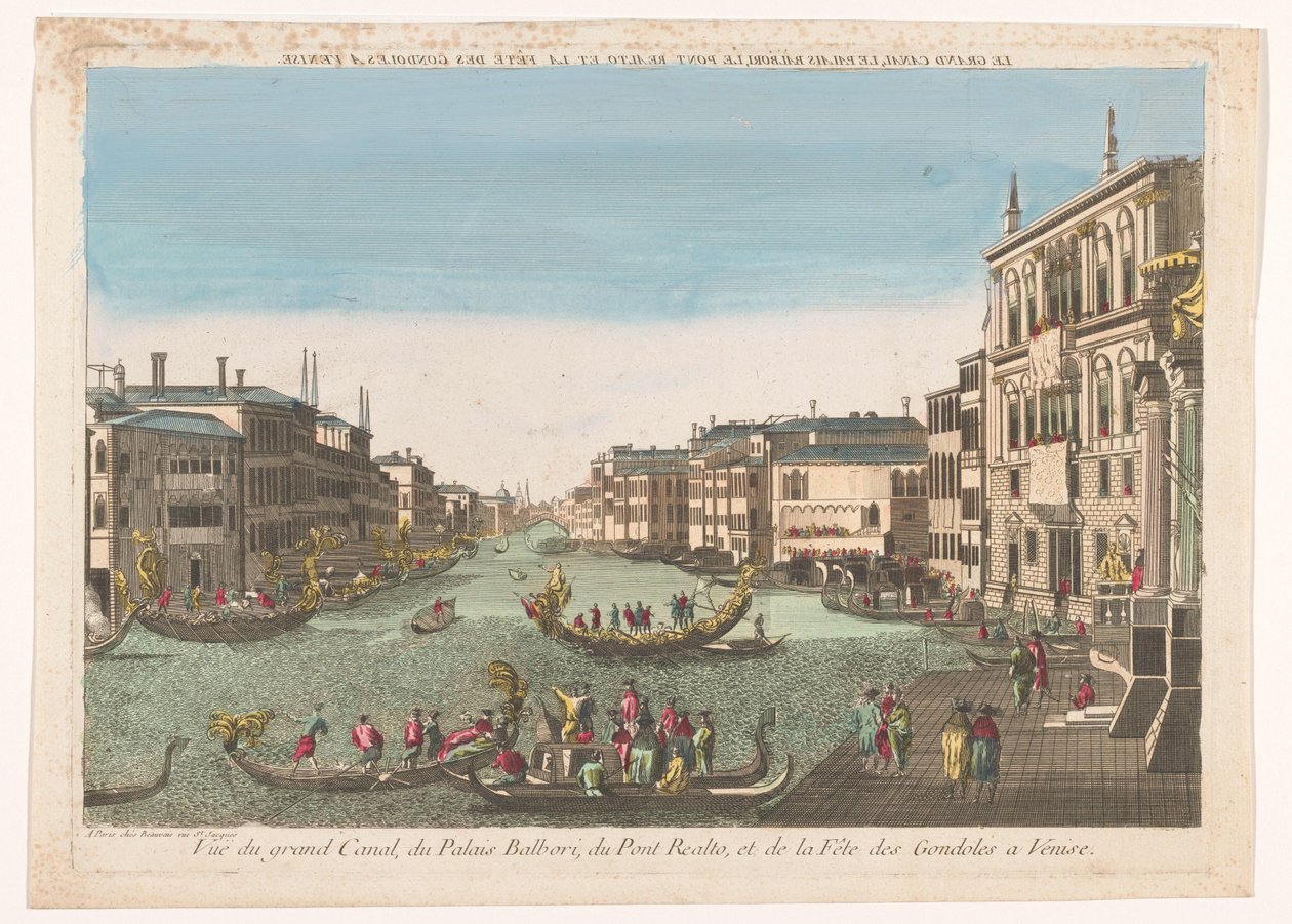 Se på Canal Grande med gondels, Palazzo Balbori og Ponte Rialto te Venetië Canal Grande, Palazzo Balbori, Pont Realto og gondolfestivalen i Venezia (tittel på objekt) av Beauvais