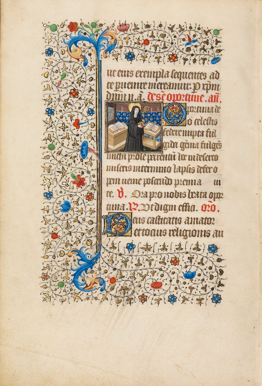 Abbedisse Opportuna med en stav og en bok, ca. 1440-50 (tempera, bladgull, maling og blekk på pergament) av Bedford Master Workshop Bedford Master Workshop