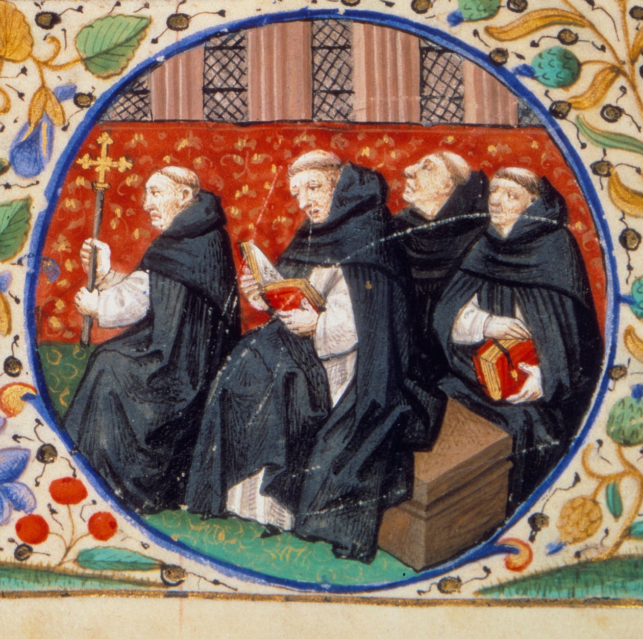 Scene av klosterlivet. Detalj som representerer munker av Dominikanerordenen. Miniatyr hentet fra "" Timebok i henhold til bruken av Paris"" belyst av Mesterens verksted i Bedford. 1450. Paris, B.N. av Bedford Master Workshop
