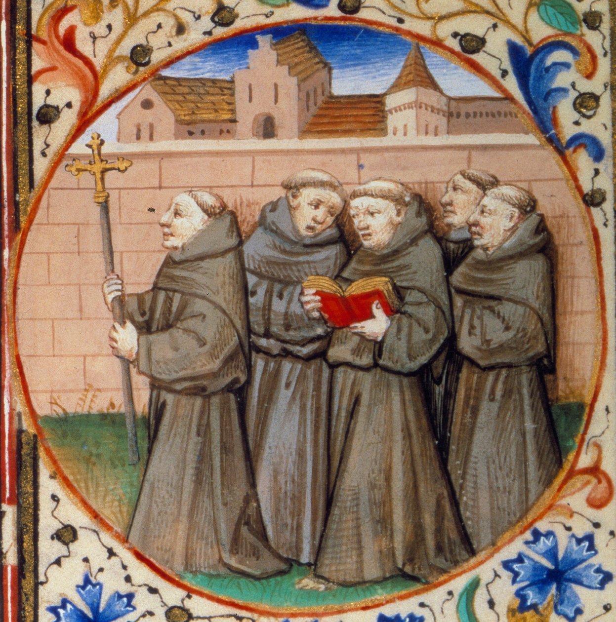 Scene av klosterlivet. Detalj som representerer munker av Franciskanerordenen. Miniatyr hentet fra "" Timebok i henhold til bruken av Paris"" belyst av Mesterens verksted i Bedford. 1450. Paris, BN av Bedford Master Workshop