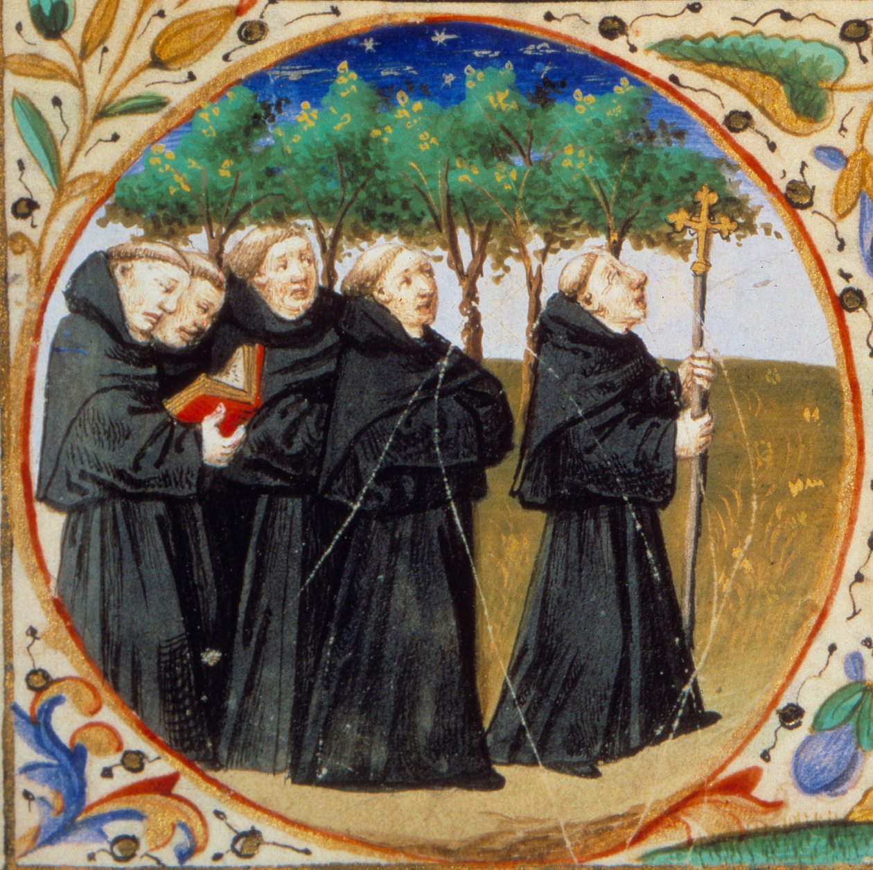 Scene av klosterlivet. Detalj som representerer munker av Augustinerordenen. Miniatyr hentet fra "" Timebok i henhold til bruken av Paris"" belyst av Mesterens verksted i Bedford. 1450. Paris, B.N. av Bedford Master Workshop
