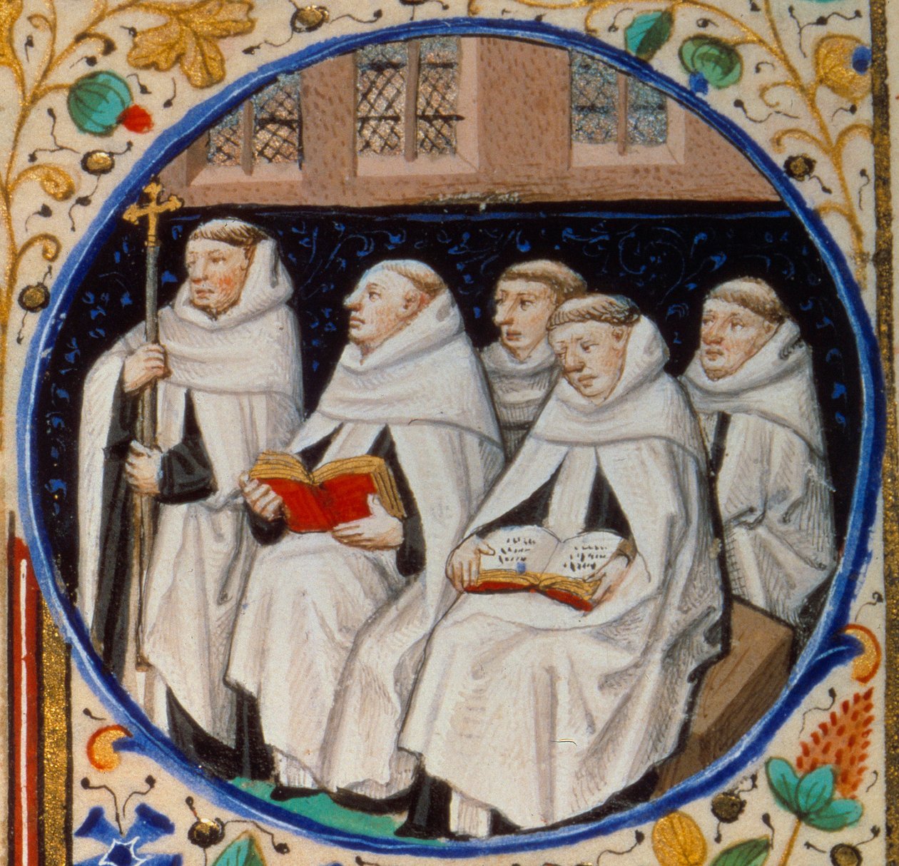 Scene av klosterlivet. Detalj som representerer munker av Carmen-ordenen. Miniatyr hentet fra "" Timebok i henhold til bruken av Paris"" belyst av Mesterens verksted i Bedford. 1450. Paris, B.N. av Bedford Master Workshop