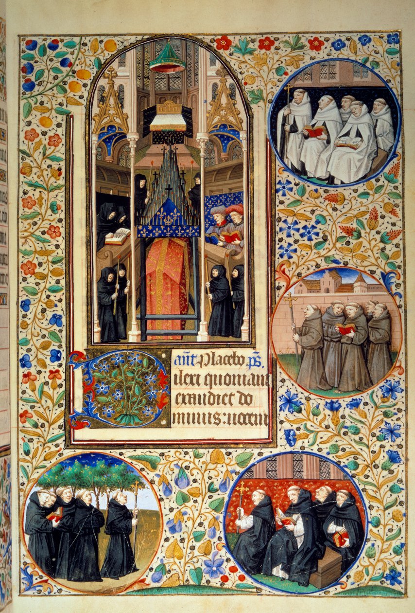 Scene av klosterlivet. I medaljongene, fra topp til bunn, Carmes, fransiskanerne, dominikanerne, augustinerne (til venstre). Miniatyr hentet fra "" Timebok i henhold til bruken av Paris"" belyst av Mesterens verksted i Bedford. 1450. Paris, B.N. av Bedford Master Workshop