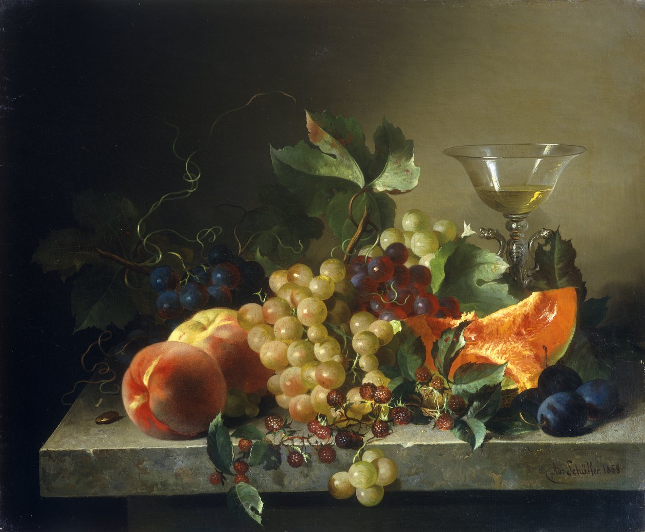 Et stilleben med frukt på en steinhylle, 1858 av Bela Schaffer