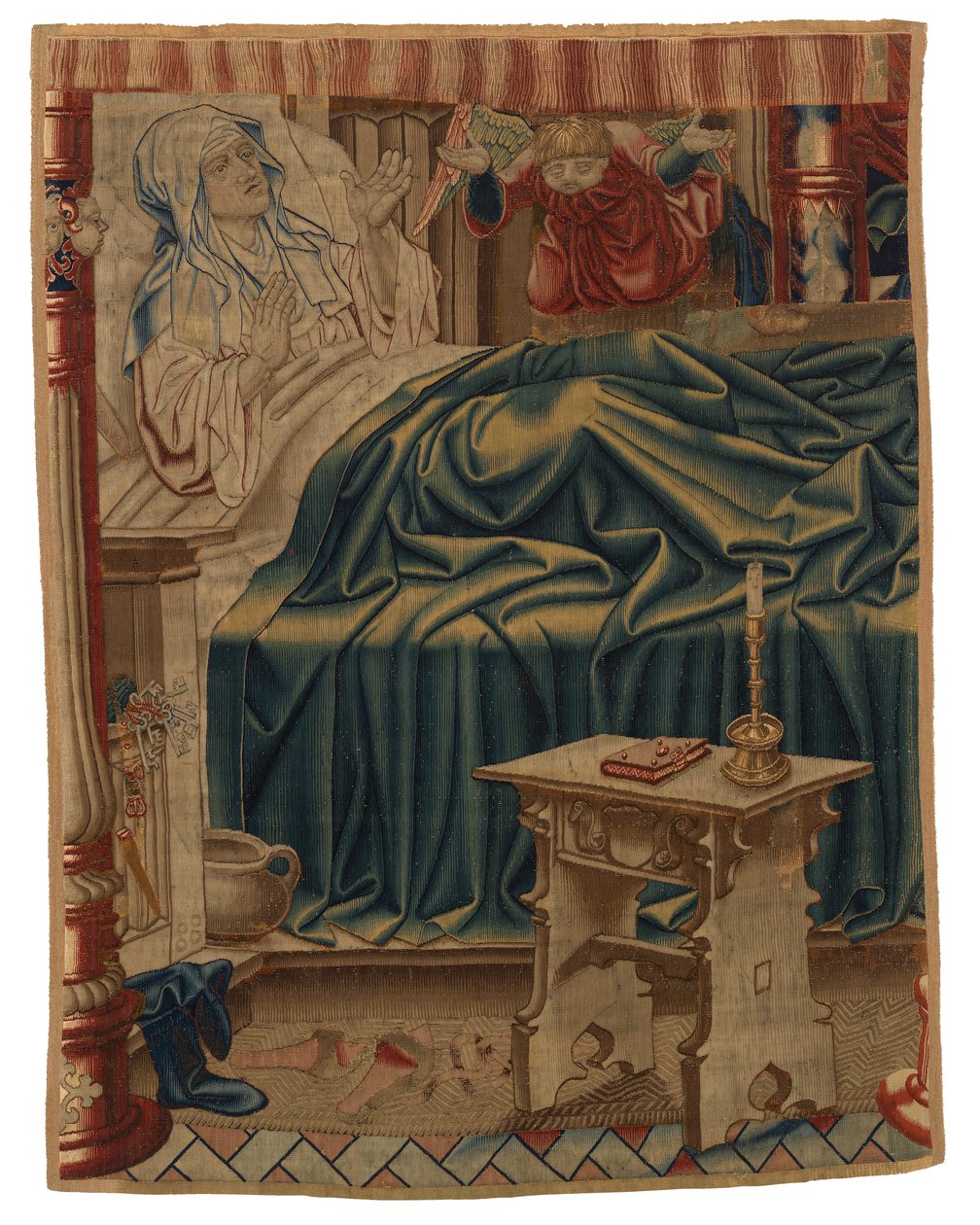 Beatrix Soetkens i sengen, fra den første scenen i den første billedvev av et sett på fire som skildrer 'Legend of Our Lady of Sablon', laget i Brussel, Belgia av Belgian School