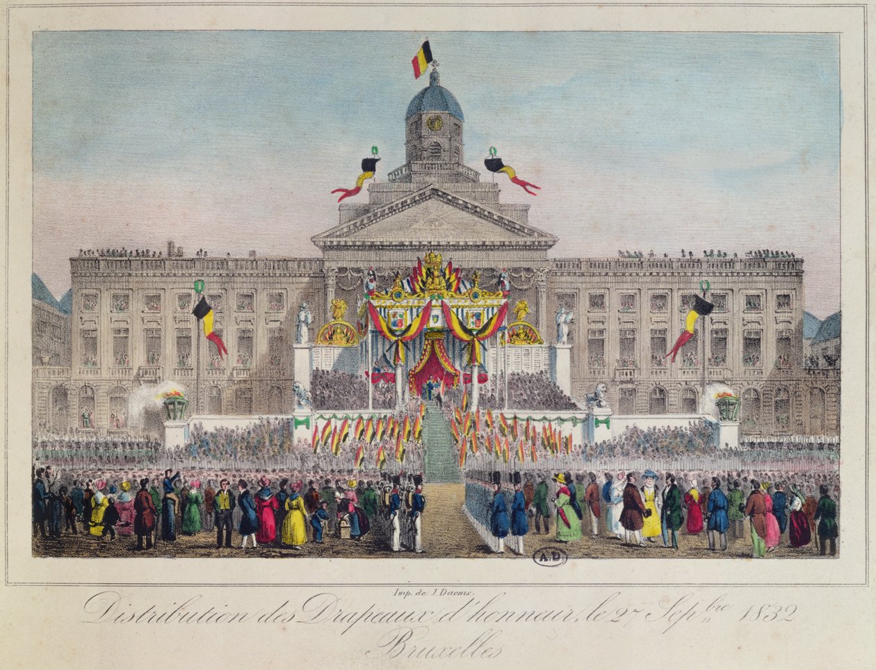 Utdeling av æresflagg i Brussel 27. september 1832, 1832 (fargegravering) av Belgian School