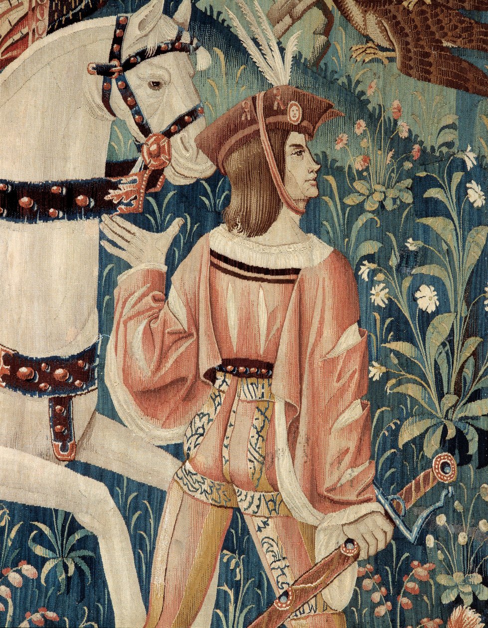 Middelalder: begynnelsen for jakt på falk, til hest. Detalj av et silke- og ullteppe fra begynnelsen av 1500-tallet. Fra Hainaut. Paris, Nasjonalmuseet for middelalderen, Thermes de Cluny av Belgian School