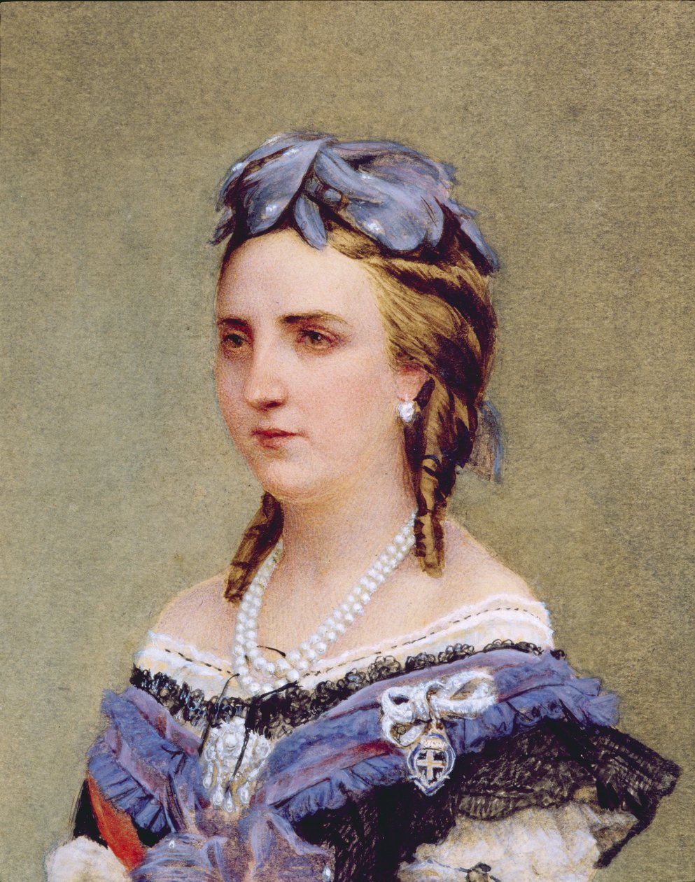 Portrett av Charlotte av Saxe-Cobourg-Gotha (1840-1927) Prinsesse av Belgia og keiserinne av Mexico (wc på papir) (detalj) av Belgian School