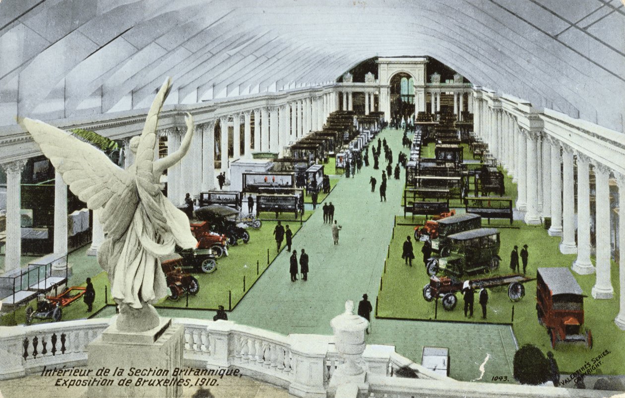 Postkort som viser motorkjøretøyer i den britiske delen av Exposition Universelle i Brussel i 1910 av Belgian School
