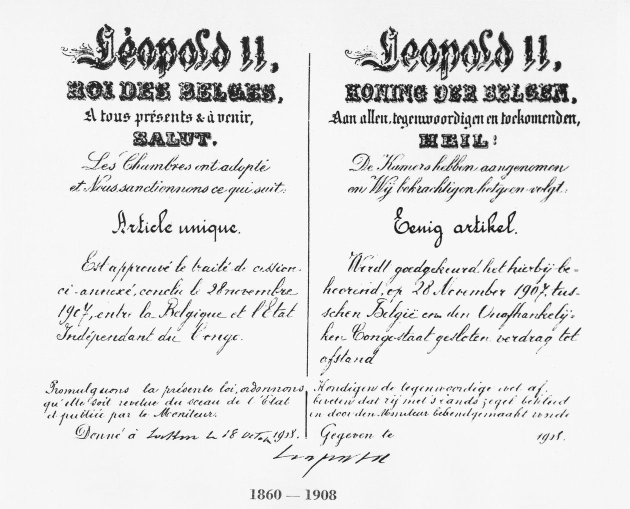 Signatur av kong Leopold II (1835-1909) som godkjente annekteringen av Kongo til Belgia, 1908 av Belgian School