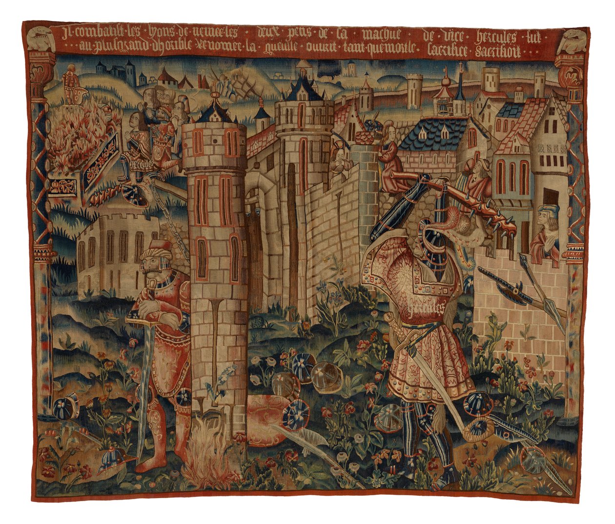 Tapestry, Hercules at the Gate of Prycus City, eller Hercules Assaulting a City, muligens fra Tournai (ull og silke) av Belgian School