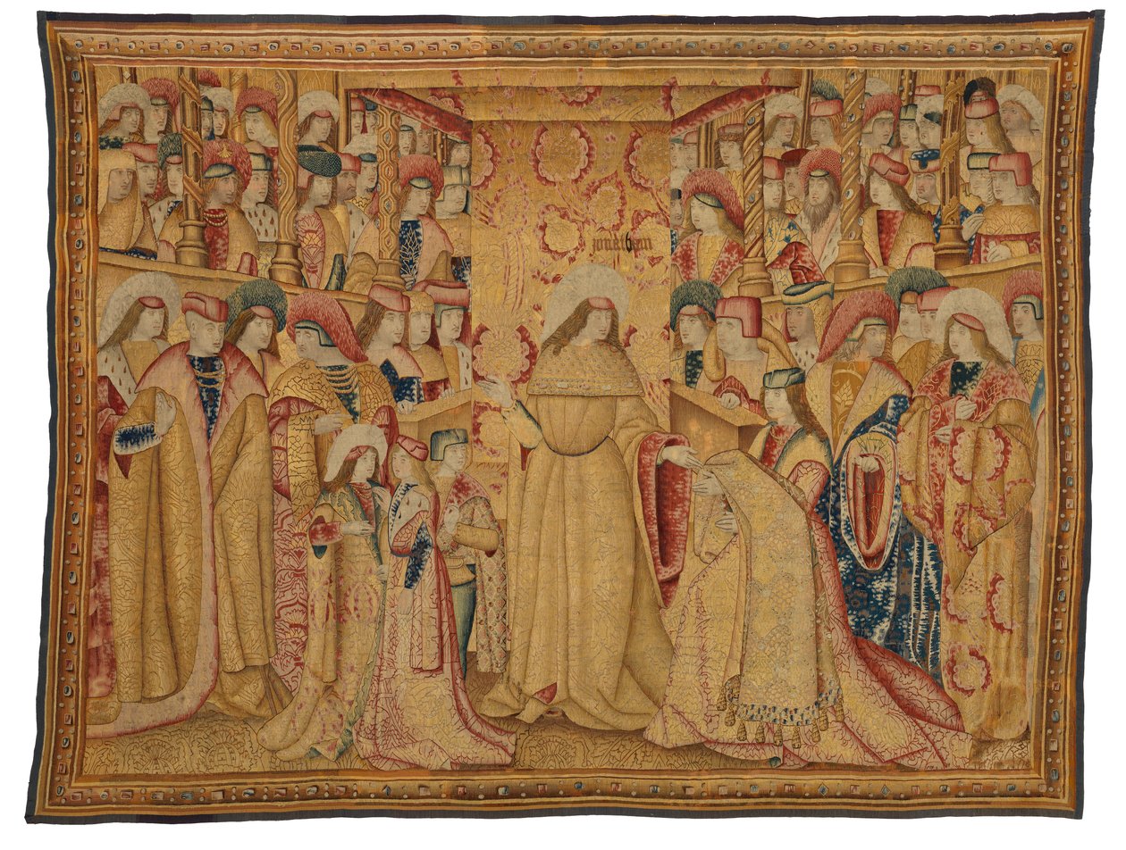 Tapestry, Jonathan Maccabeus Receiving a Purple Robe, laget i Brussel, Belgia, rundt 1490-1500 (ull og silke) av Belgian School