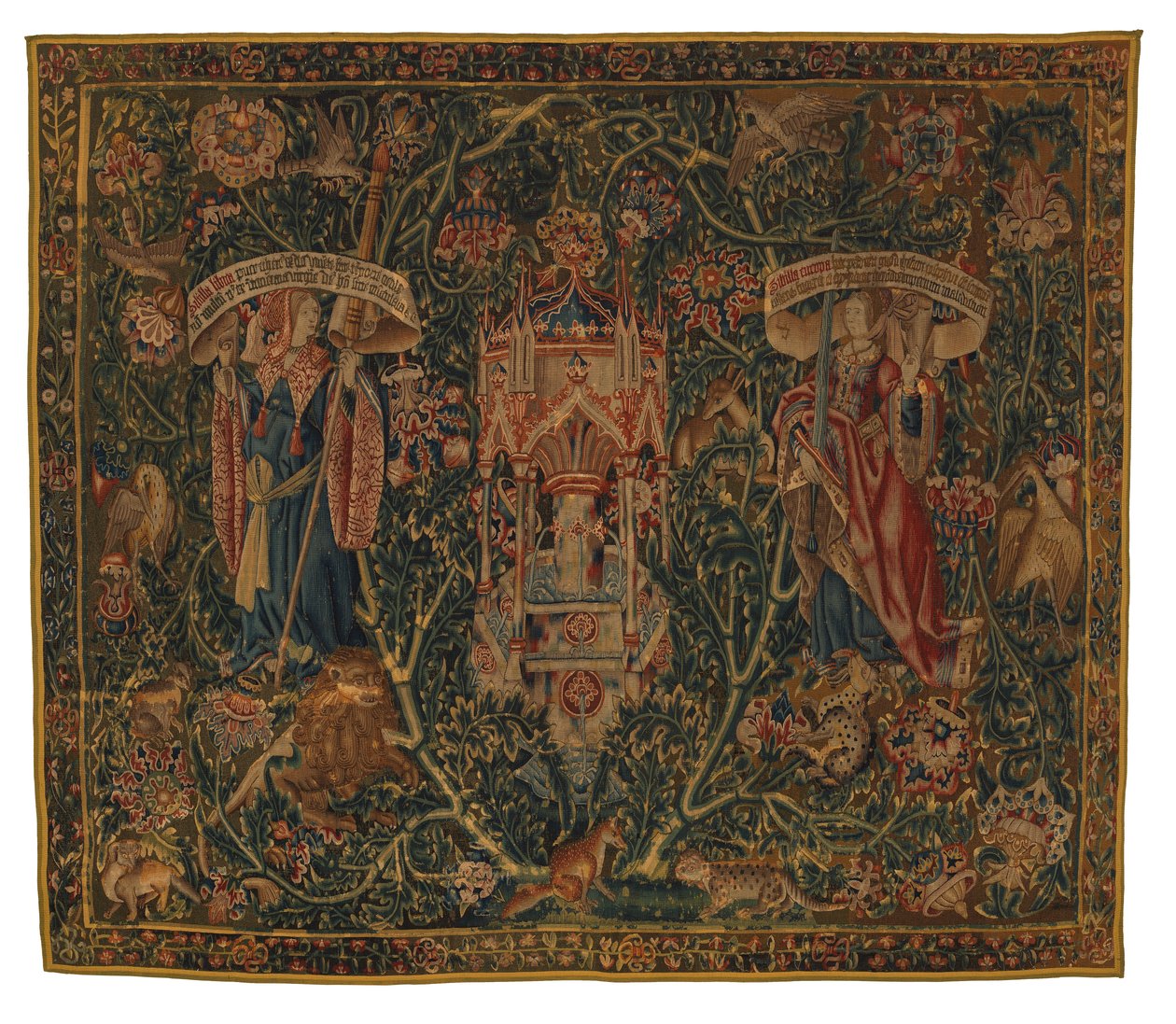 Tapestry, Sibylla Libya og Europa (ett av sett med seks sibyler, bestående av 46.134 til 46.139) kalt 'Rothamsted-teppet', laget i Flandern, Tournai eller Brussel, Belgia, ca. 1530 (ull) av Belgian School