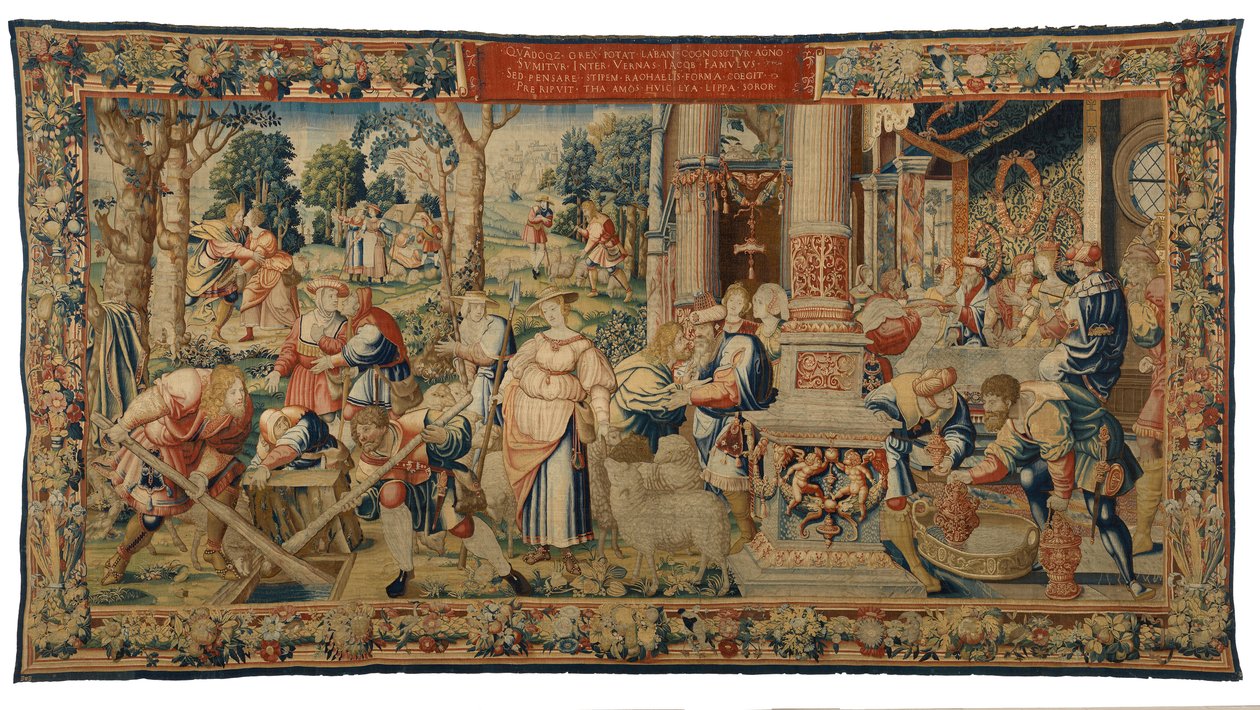 Tapestry, Story of Laban, Jacob and Rachel, Genesis XXIX, laget i Brussel, Belgia, ca. 1530 (ull og silke) av Belgian School