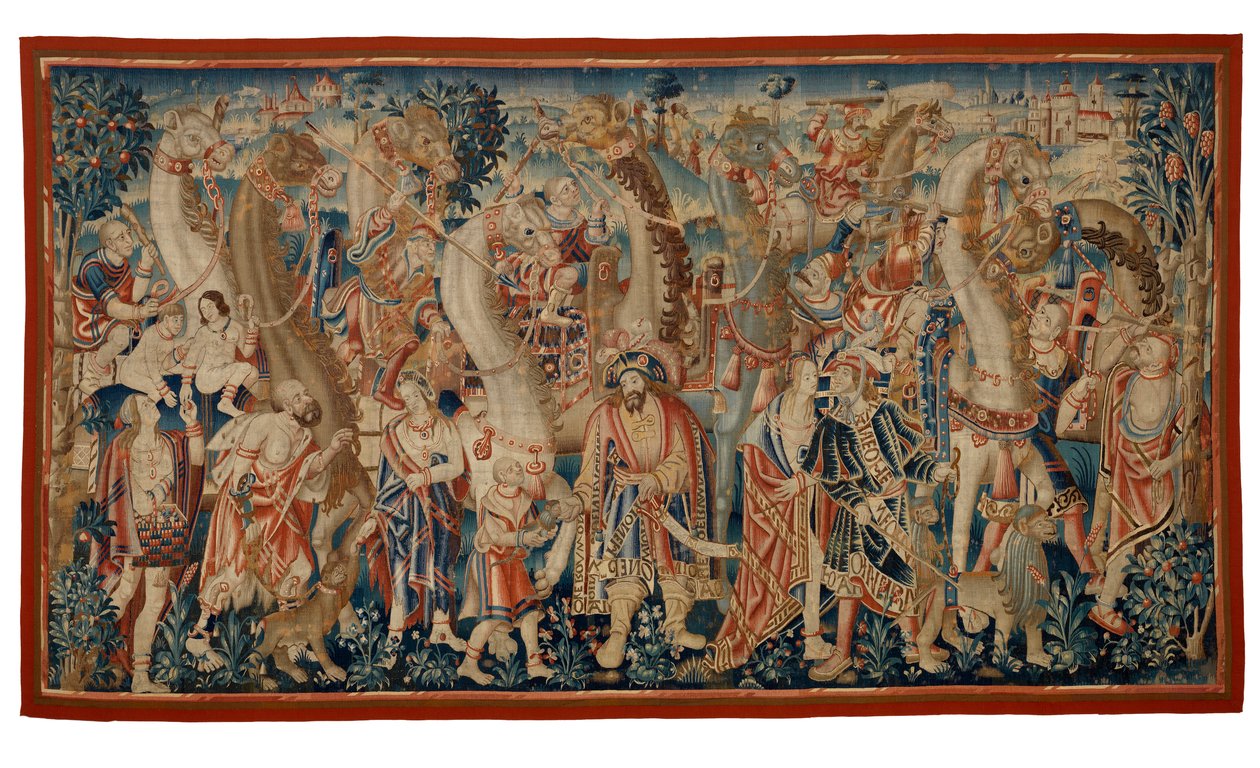 Tapestry, The Camel Caravan, fra 'Conquest of India'-serien, fra Tournai, ca. 1510 (ull og silke) av Belgian School