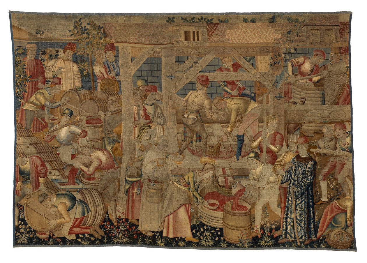 Tapet som viser vinpresserne, fra Tournai, ca. 1460-70 (ull) av Belgian School