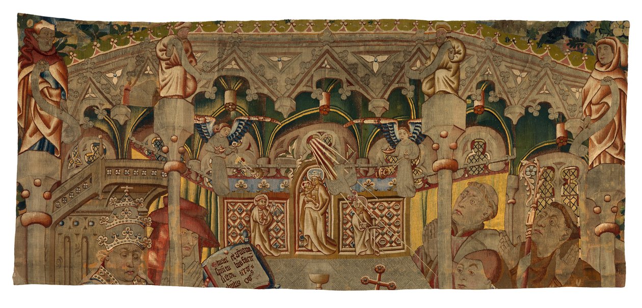 Tapetfragment, som viser A Miracle of the Holy Sacrament, laget i Tournai, Belgia av Belgian School