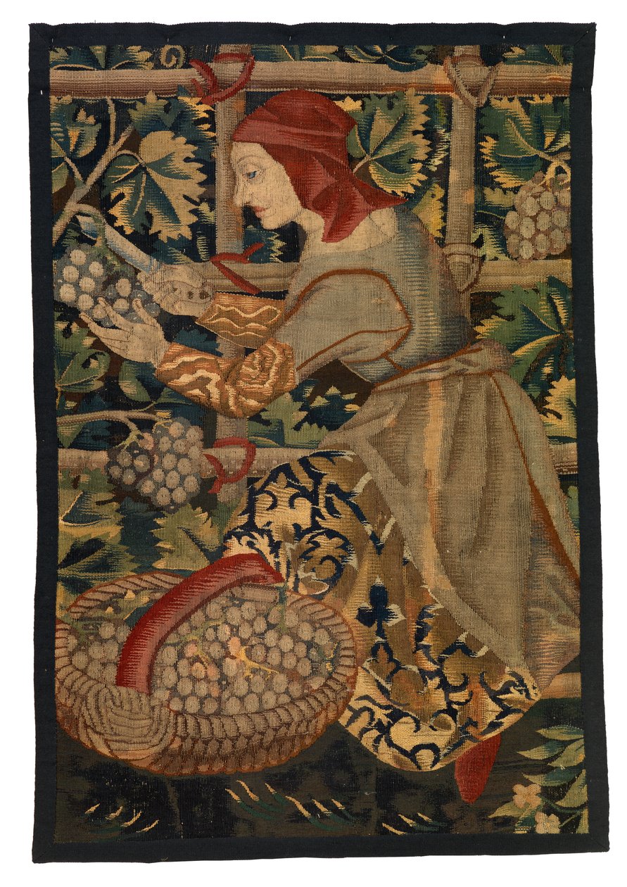 Tapetfragment som viser Vintager, muligens fra Tournai av Belgian School