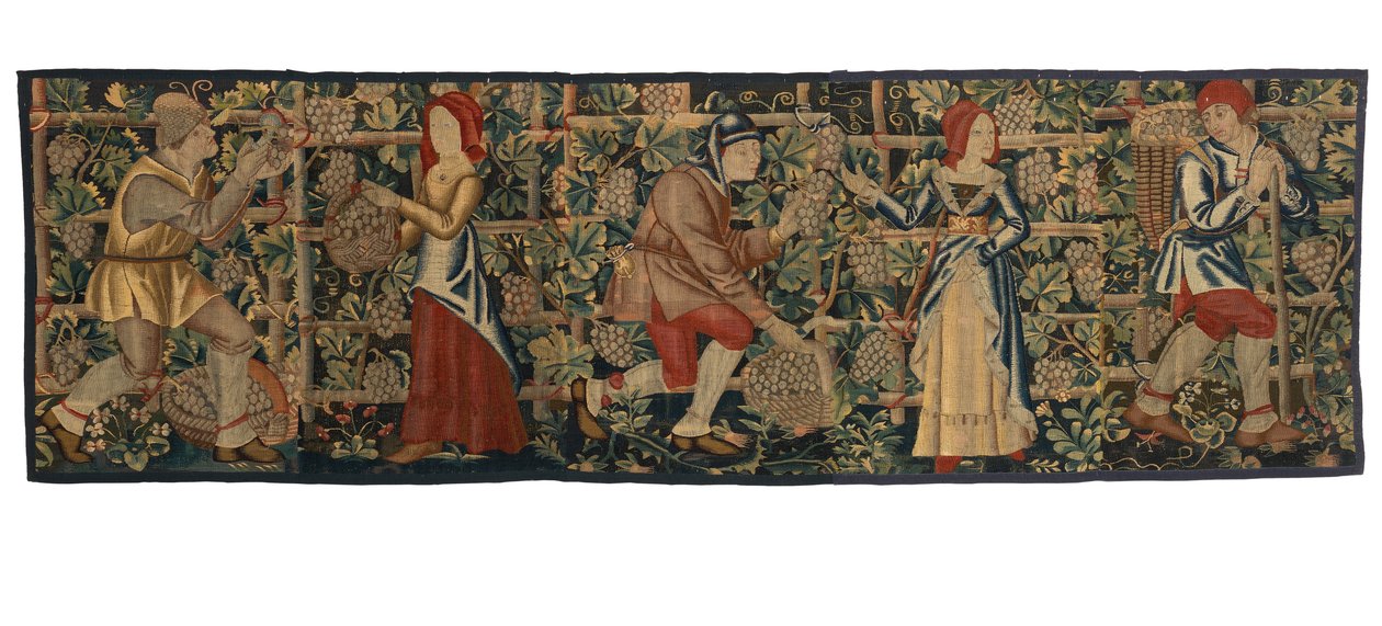 Billedteppefragment som viser Vintagers, muligens fra Tournai, ca. 1460-70 (ull) av Belgian School