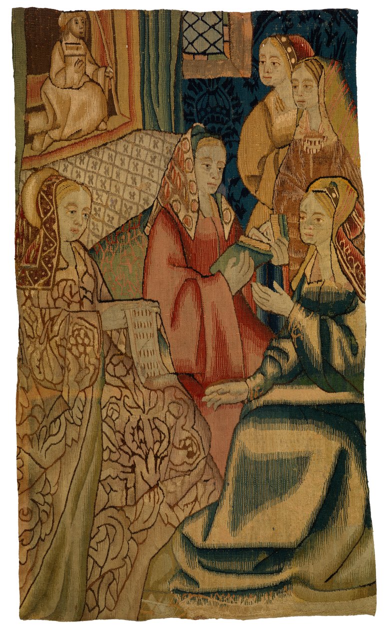 Billedteppefragment som viser fem damer, muligens laget i Brussel, Belgia, ca. 1500 (ull) av Belgian School