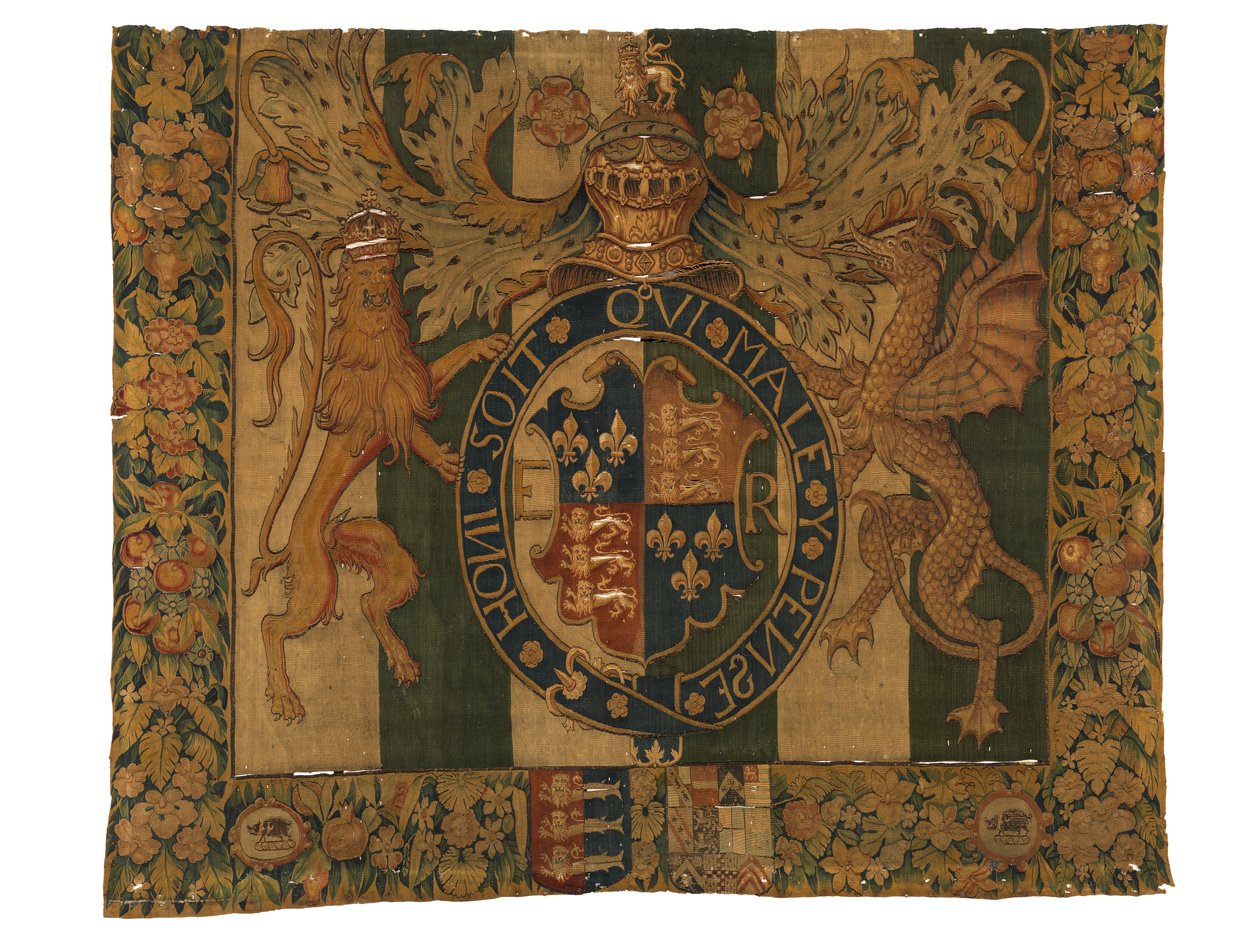 Tapetet med Royal Arms of Edward VI og Arms of le Grys, trolig laget i Enghien, Flandern, Belgia, ca. 1547-53 (ull) av Belgian School