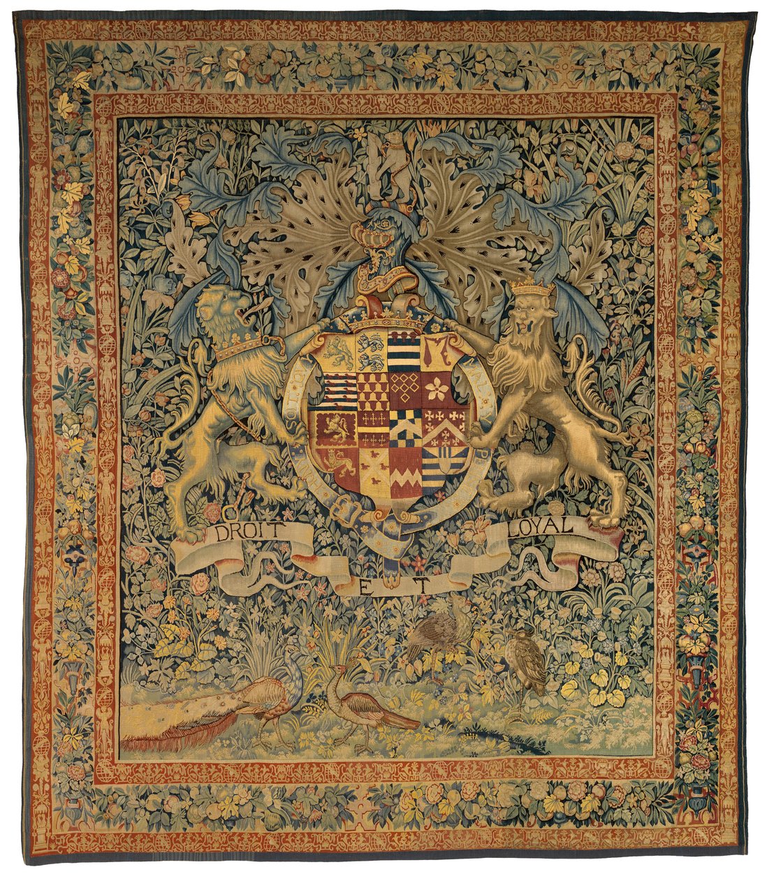 Verdure billedvev med armene til Robert Dudley, jarl av Leicester (en av et par med 47,1), laget i Flandern, Belgia, rundt 1570-85 (ull og silke) av Belgian School