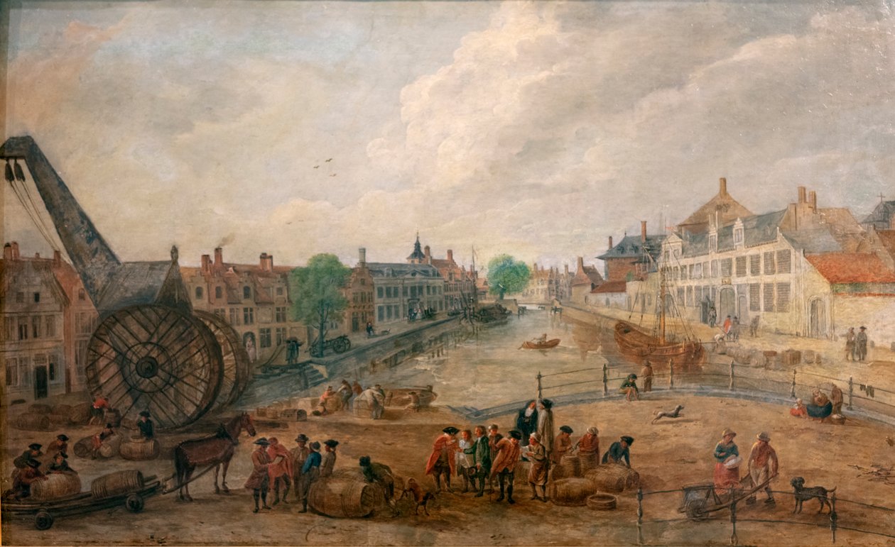 Utsikt over Ghent Lievekaai og Augustijnenkaai med en trekran, kopi av et maleri fra 1700-tallet av Engelbert van Siclers av Belgian School