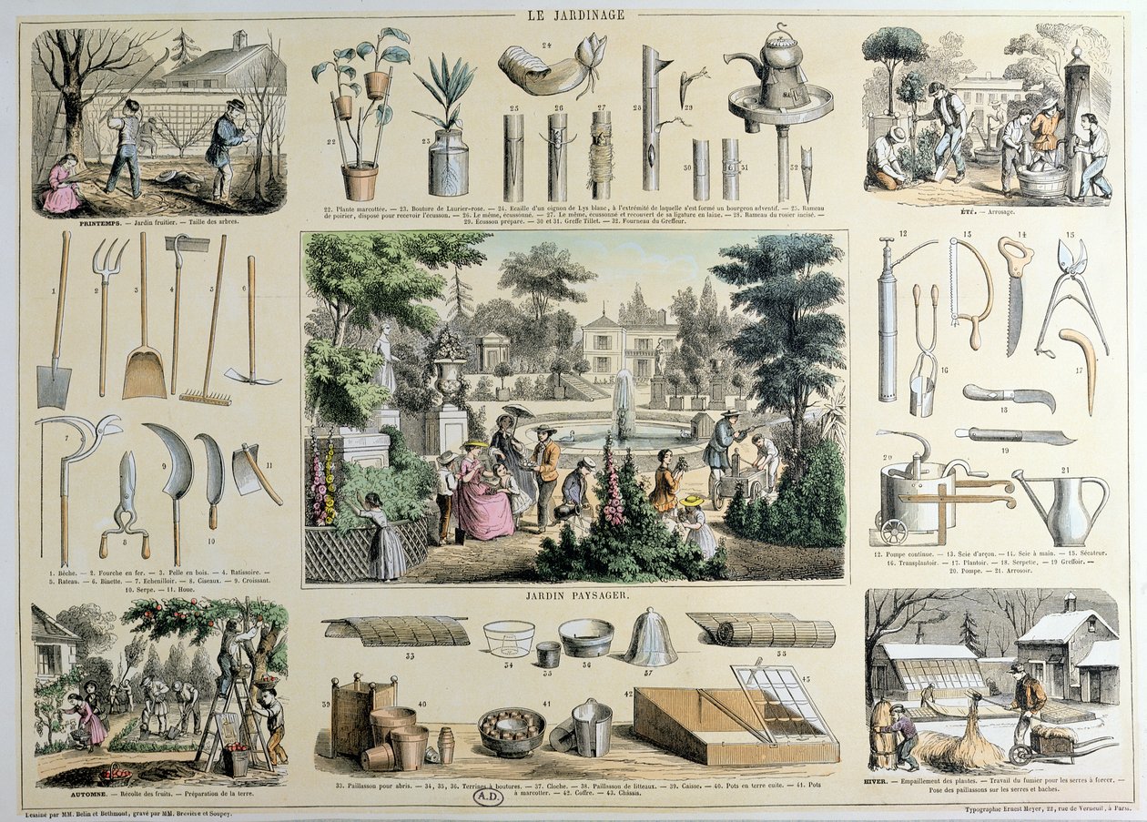 Pedagogisk skildring av hagearbeid, med illustrasjoner av hageredskaper og scener som viser de aktuelle aktivitetene for hver sesong, (fargegravering) av Belin and Bethmont