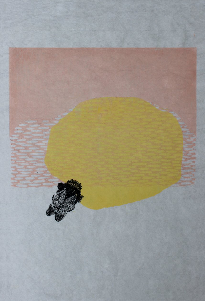 Bumblebee and Sun, 2013 (akvarell og tregravering på washi) av Bella Larsson