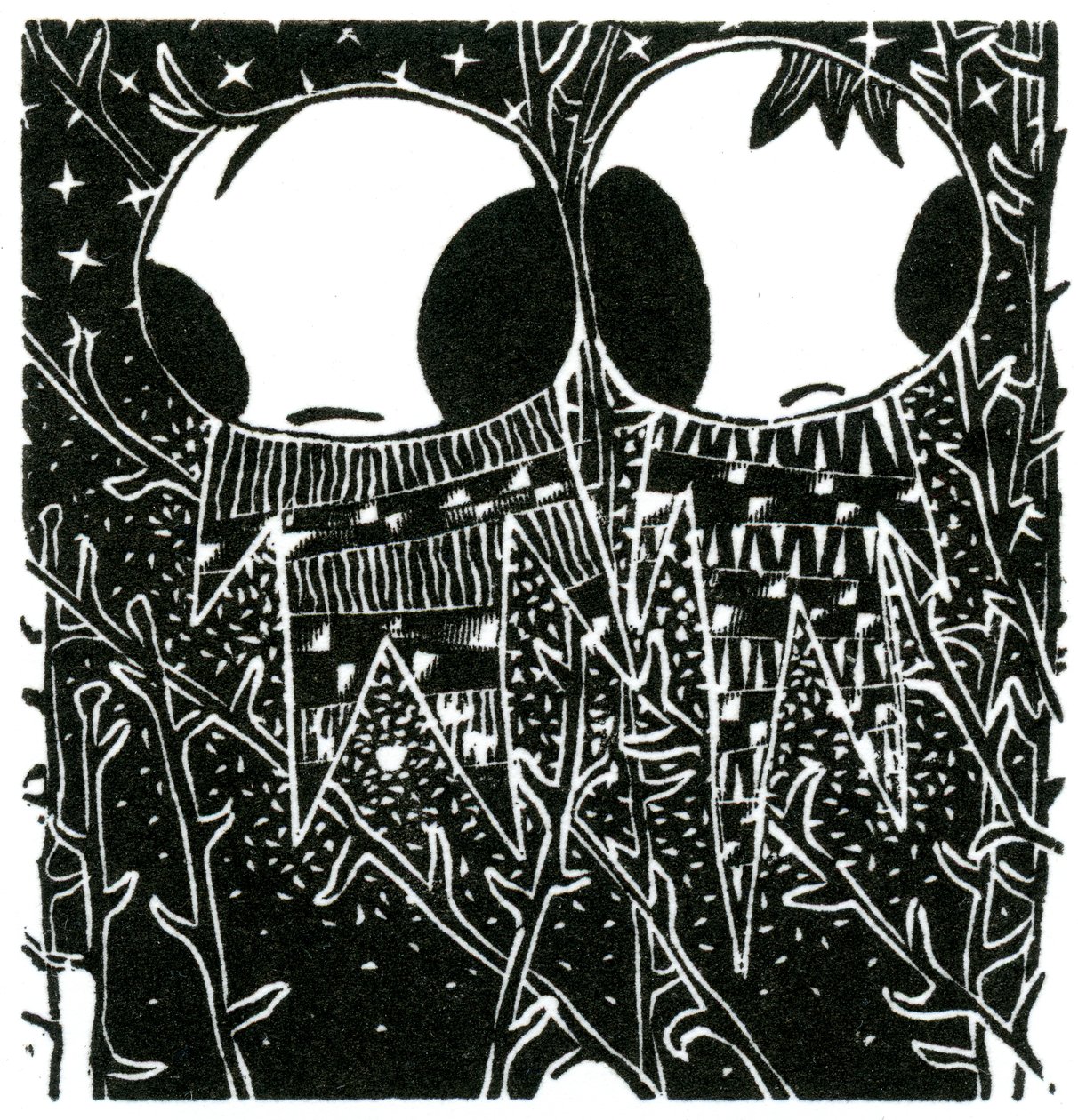Stargazing Dreamstealers, 2013 (tregravering på papir) av Bella Larsson