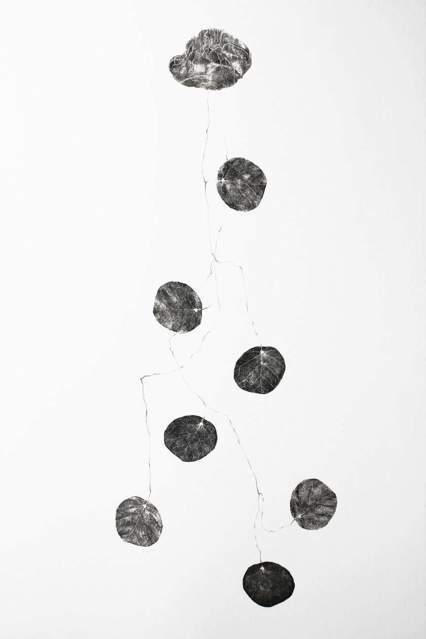 Fartøy, 2014 (collage med tregravering og blyanttegning på papir) av Bella Larsson