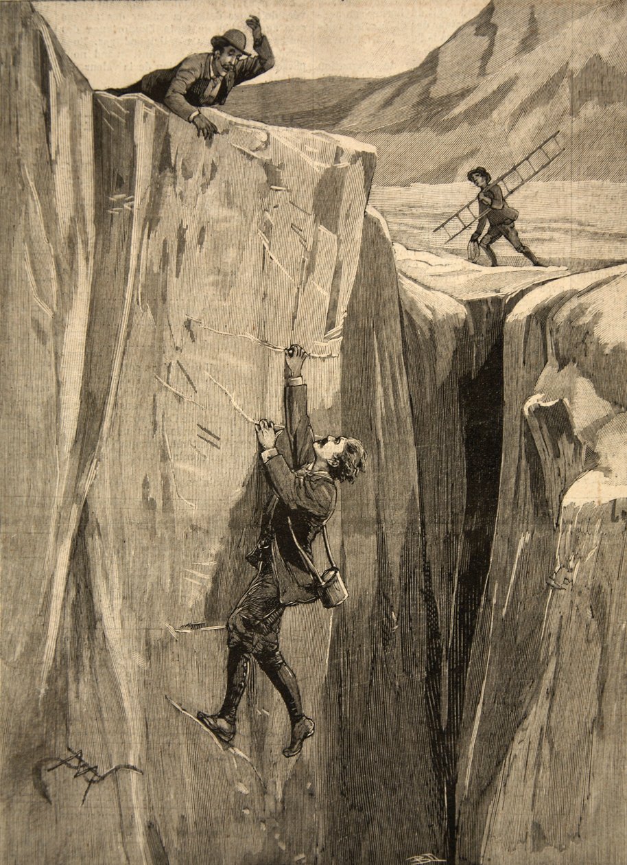 En turist som henger i en sprekk i Alpene, fra 'Le Petit Parisien', 23. august 1891 av Beltrand and Clair Guyot, E. Dete