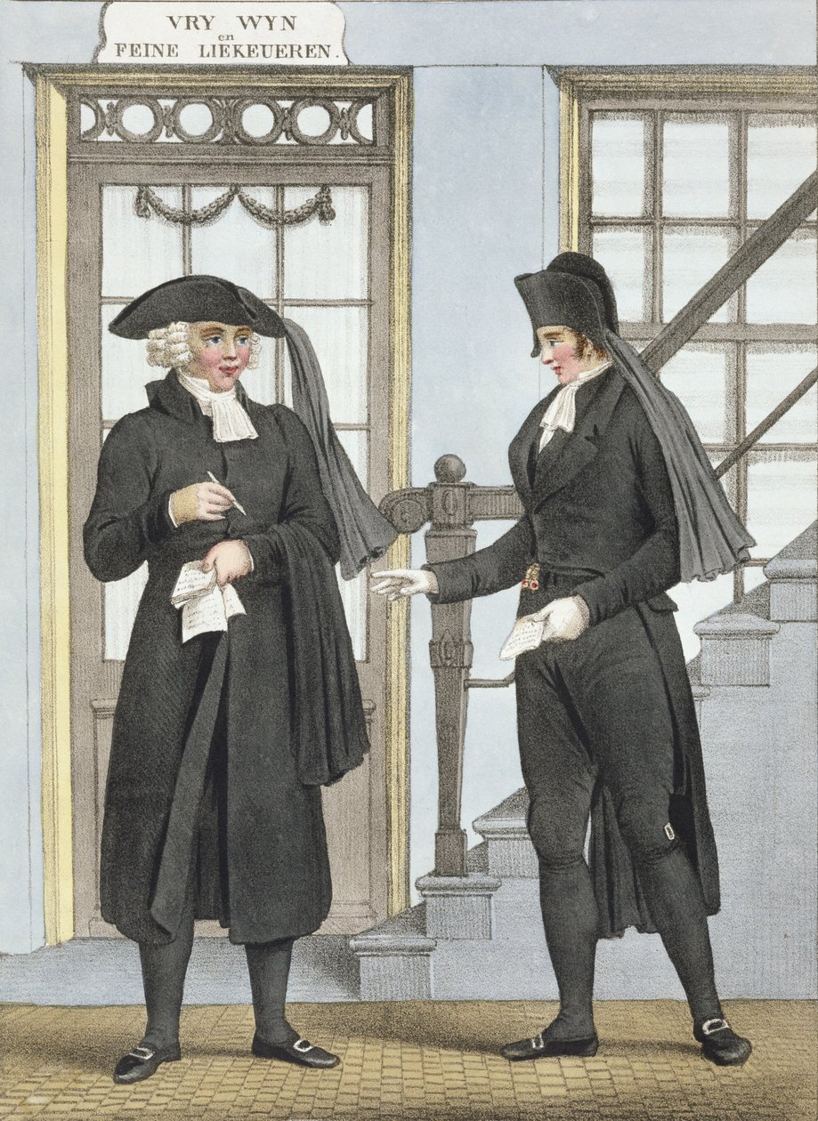 Begravelsestjenestemenn i Amsterdam, illustrasjon fra 'Kostumersamlinger fra de nordlige provinsene i kongeriket Nederland ...' gravert av Villeneuve, 1828 av Bendrik Greeven