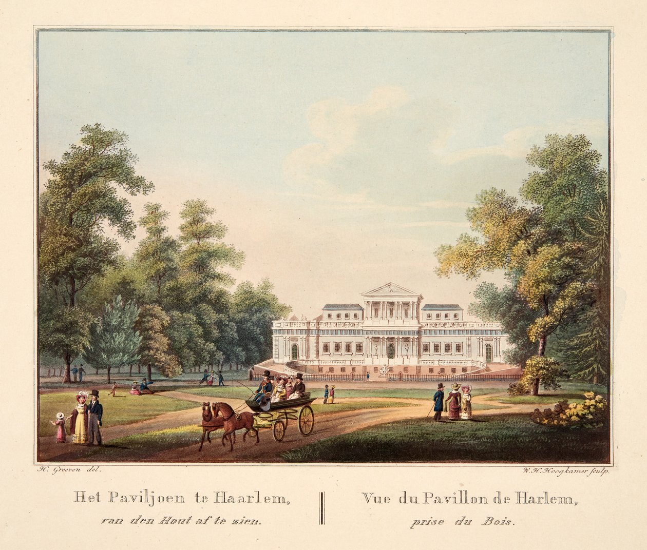Paviljongen i Jaarlem, sett fra van den Hout. Vue du Pavillon de Harlem, prize du Bois, 1825 (håndfarget gravering) av Bendrik Greeven