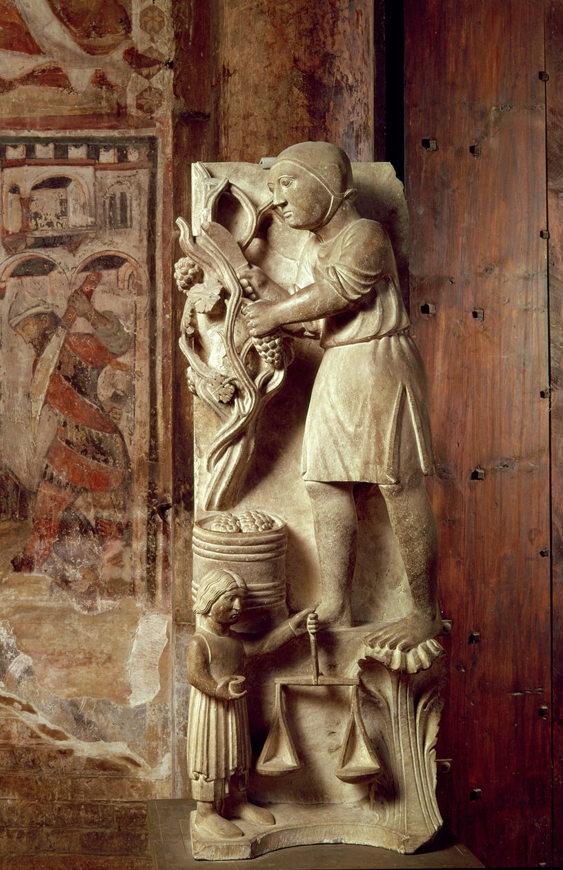 Innsamling av druer: september fra en statuerkalender for månedenes arbeid, ca. 1200 av Benedetto Antelami