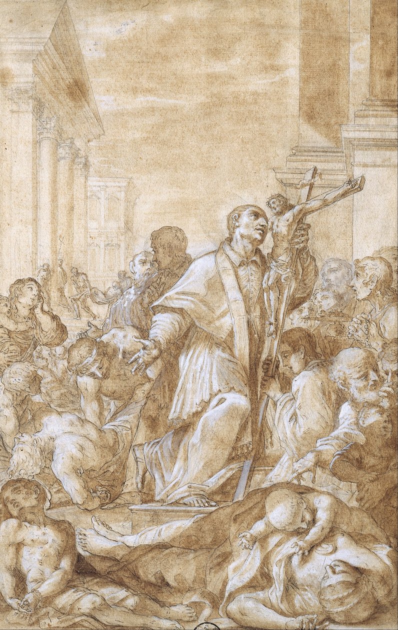 Saint Carlo Borromeo blant pestlidere av Benedetto Luti