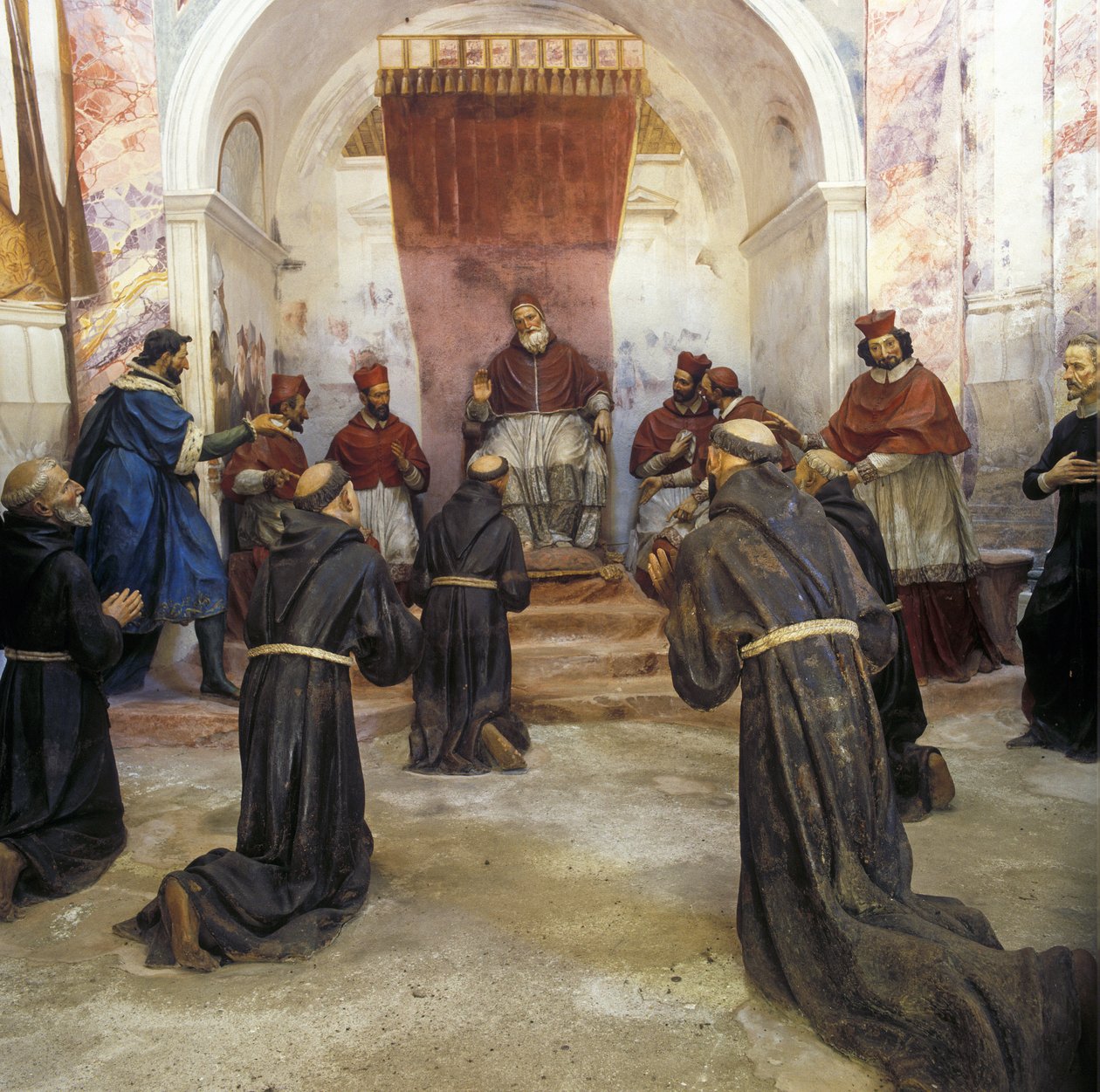 Saint Francois av Assisi og det fransiskanske samfunnet fikk godkjenning av den første regelen av pave Innocent III (1160-1216) i 1210 (fresco) av Benedetto (1580 1630) Crespi