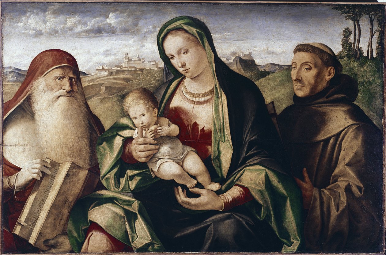 Madonna med barn mellom de hellige Jerome og Frans (olje på tre av Benedetto (c.1460 1525) Diana
