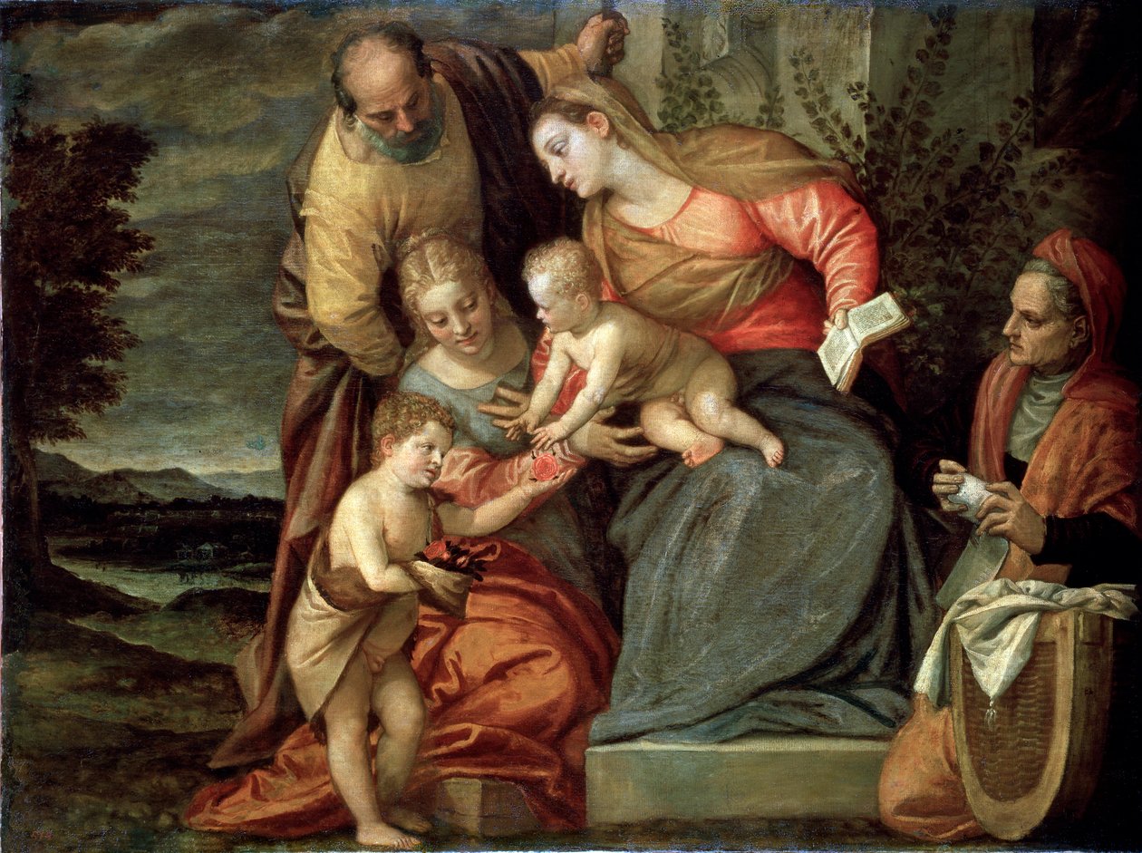 Den hellige familie med de hellige Katarina, Anne og døperen Johannes, c1580-c1582 av Benedetto Caliari