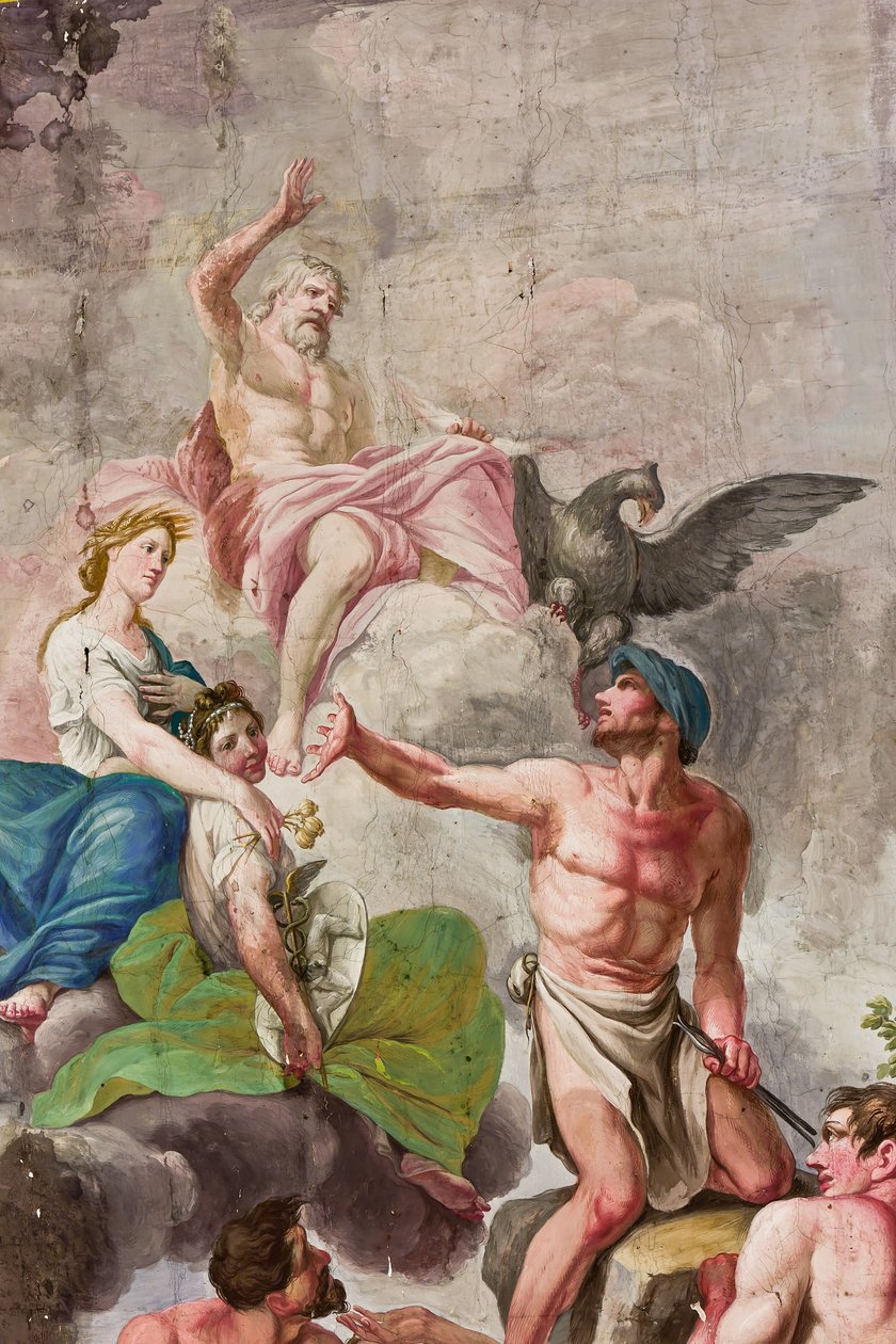 Allegorisk skildring av Olympen med Jupiter, Ceres og Vulcan, detalj av apoteosen til arbeid, jordbruk, kunst og vitenskap (fresco) av Benedetto Cotarti