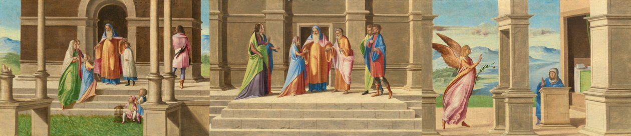 Jomfruens presentasjon og ekteskap og kunngjøringen, 15201525. av Benedetto Diana