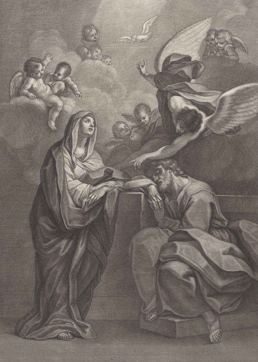 Plate 6: St. Josefs drøm, med Jomfru Maria til venstre og en engel over som peker ..., 1777 av Benedetto Eredi