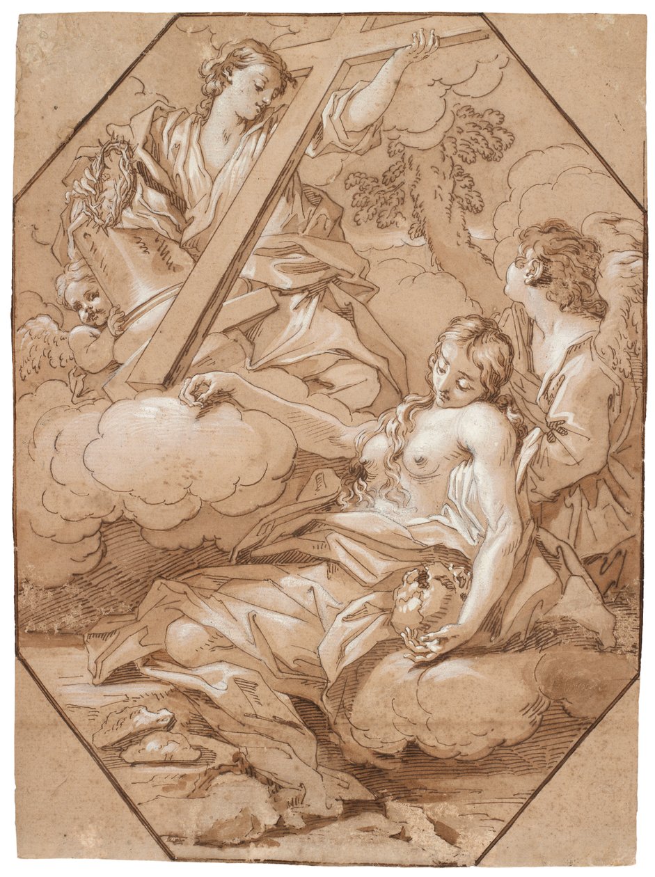 The Ecstasy of Saint Mary Magdalene, ca. 1715-19 (penn og blekk med brun vask, forsterket med hvit, med åttekantede innrammingslinjer av brunt blekk på lagt papir) av Benedetto Luti