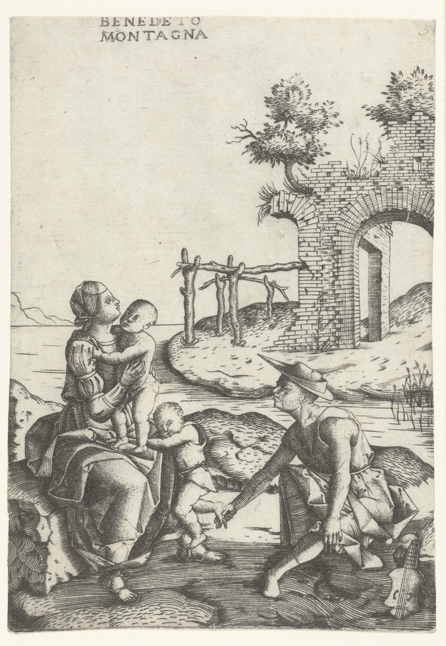 Familie sitter ved vannkanten nær ruin av Benedetto Montagna