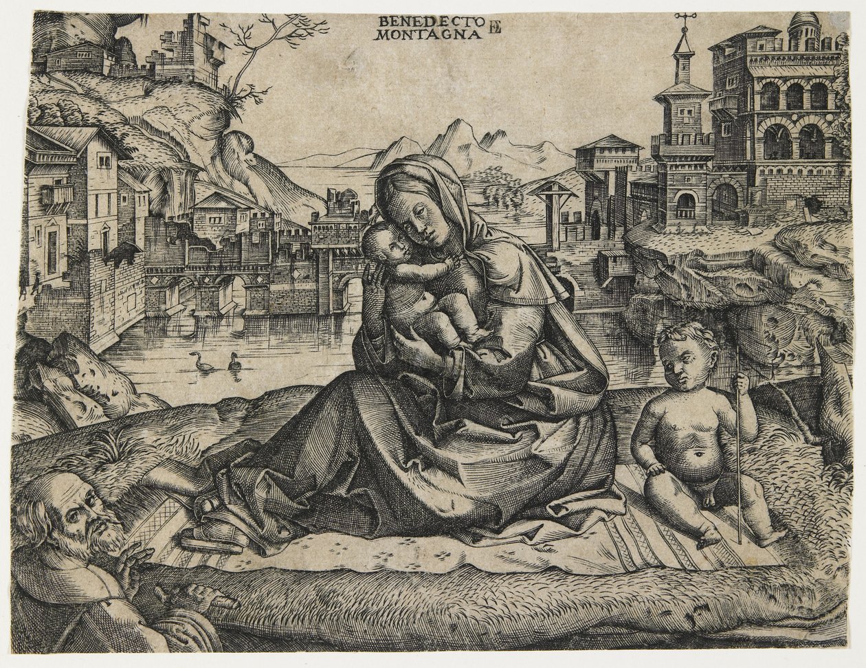 Den hellige familie med spedbarnet Saint John i et landskap, ca. 1506-1512 av Benedetto Montagna