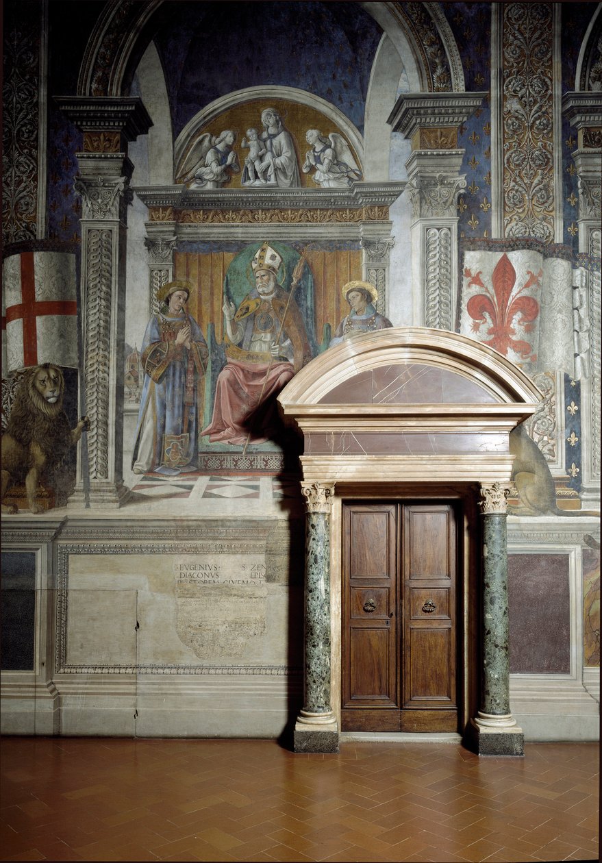 Saint Zanobius, Saint Lawrence og Saint Stephen (Hall of Lilies) (fresco av Benedetto da Maiano