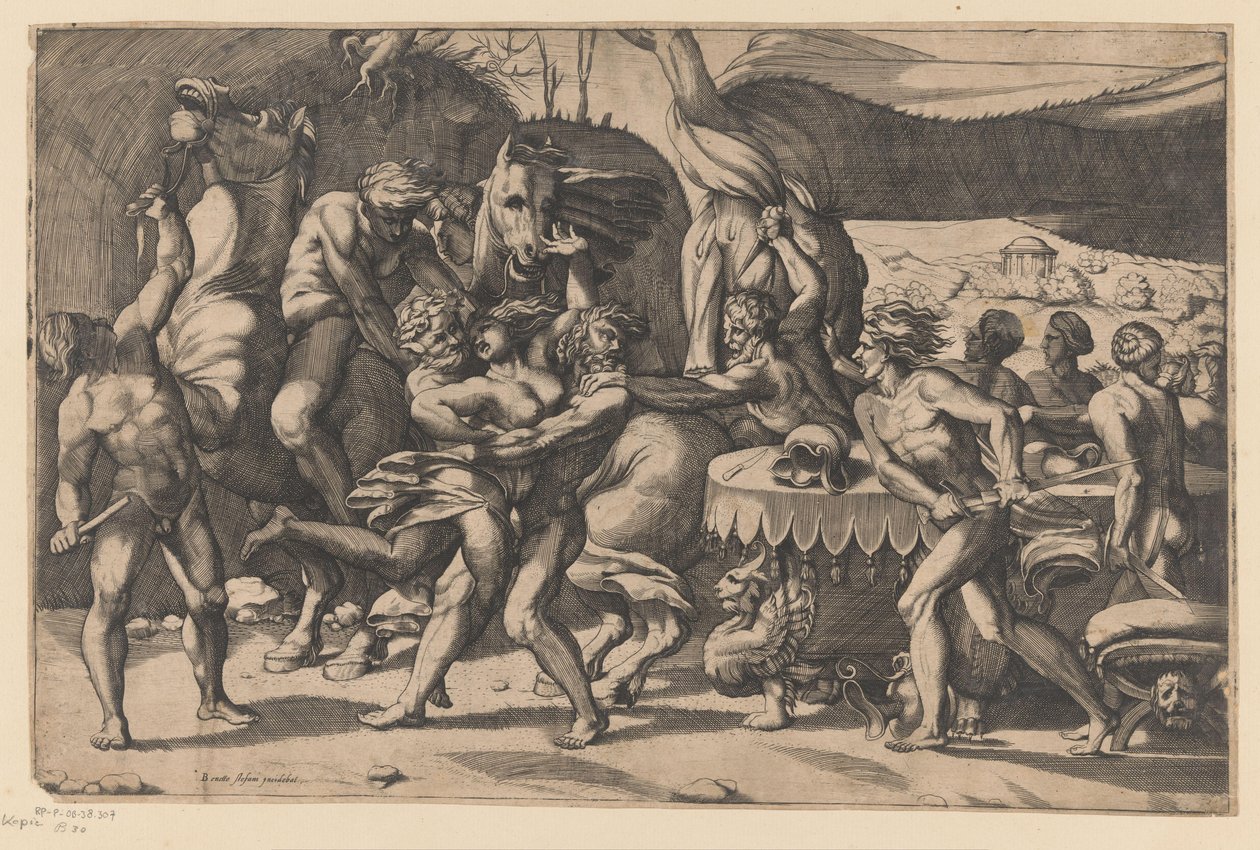 Ran av en kvinne av mann og satyr Battle between the Lapiths and Centaurs (serietittel) av Benedetto di Stefani